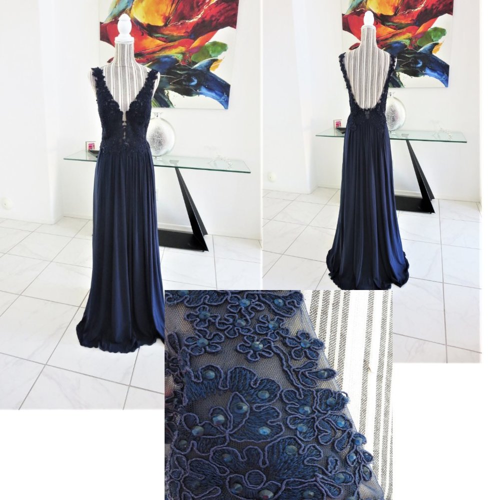 Sherri Hill Navy Blue Lace Overlay Illusion Backless Formal Gown Open Back S 4